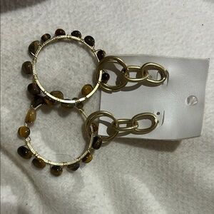 NWT Free‎ People Gold and Brown Stone Multi-Hoop Dangle Earrings